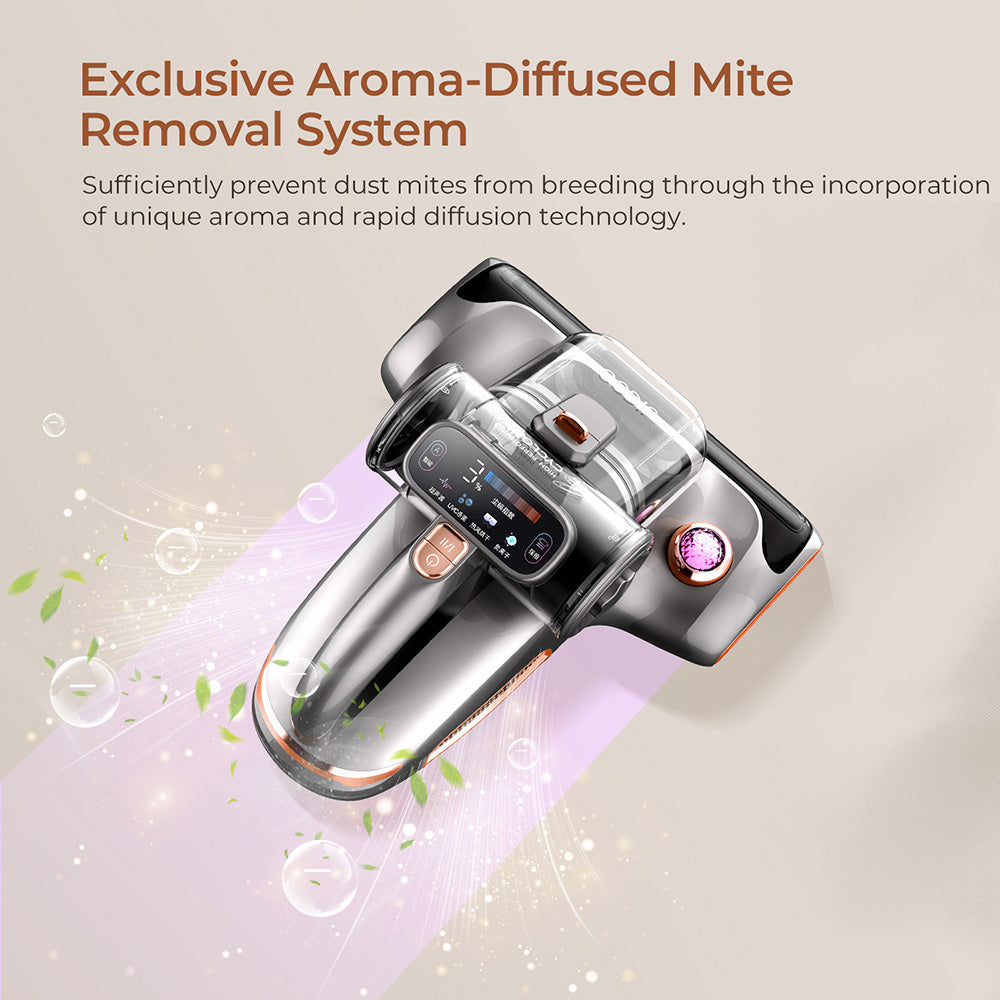 Aspiradora para cama JIGOO T600 Dual-Cup Smart Mite Cleaner con sistema de aromaterapia, succión de 700 W y 15 KPa, sensor de ácaros, luz UV, tecnología ultrasónica, eliminación del 99,99 % de ácaros, enchufe europeo - Gris