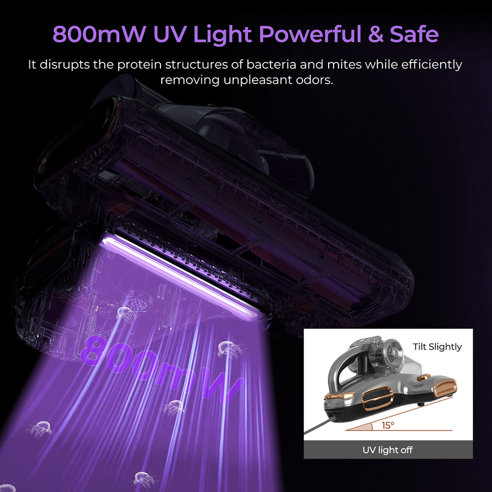 Aspiradora para cama JIGOO T600 Dual-Cup Smart Mite Cleaner con sistema de aromaterapia, succión de 700 W y 15 KPa, sensor de ácaros, luz UV, tecnología ultrasónica, eliminación del 99,99 % de ácaros, enchufe europeo - Gris