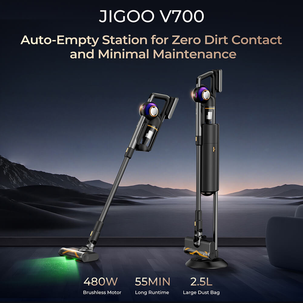 Aspiradora sin cable JIGOO V700 con estación de succión de 2,5 L, vaciado automático del polvo, potencia de succión de 33 KPa, cepillo antienredos, doble iluminación LED, hasta 55 minutos de autonomía, ideal para suelos duros, alfombras y mascotas.