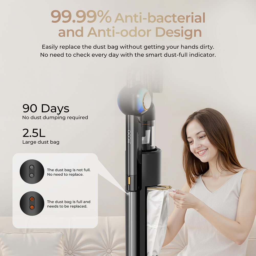 Aspiradora sin cable JIGOO V700 con estación de succión de 2,5 L, vaciado automático del polvo, potencia de succión de 33 KPa, cepillo antienredos, doble iluminación LED, hasta 55 minutos de autonomía, ideal para suelos duros, alfombras y mascotas.