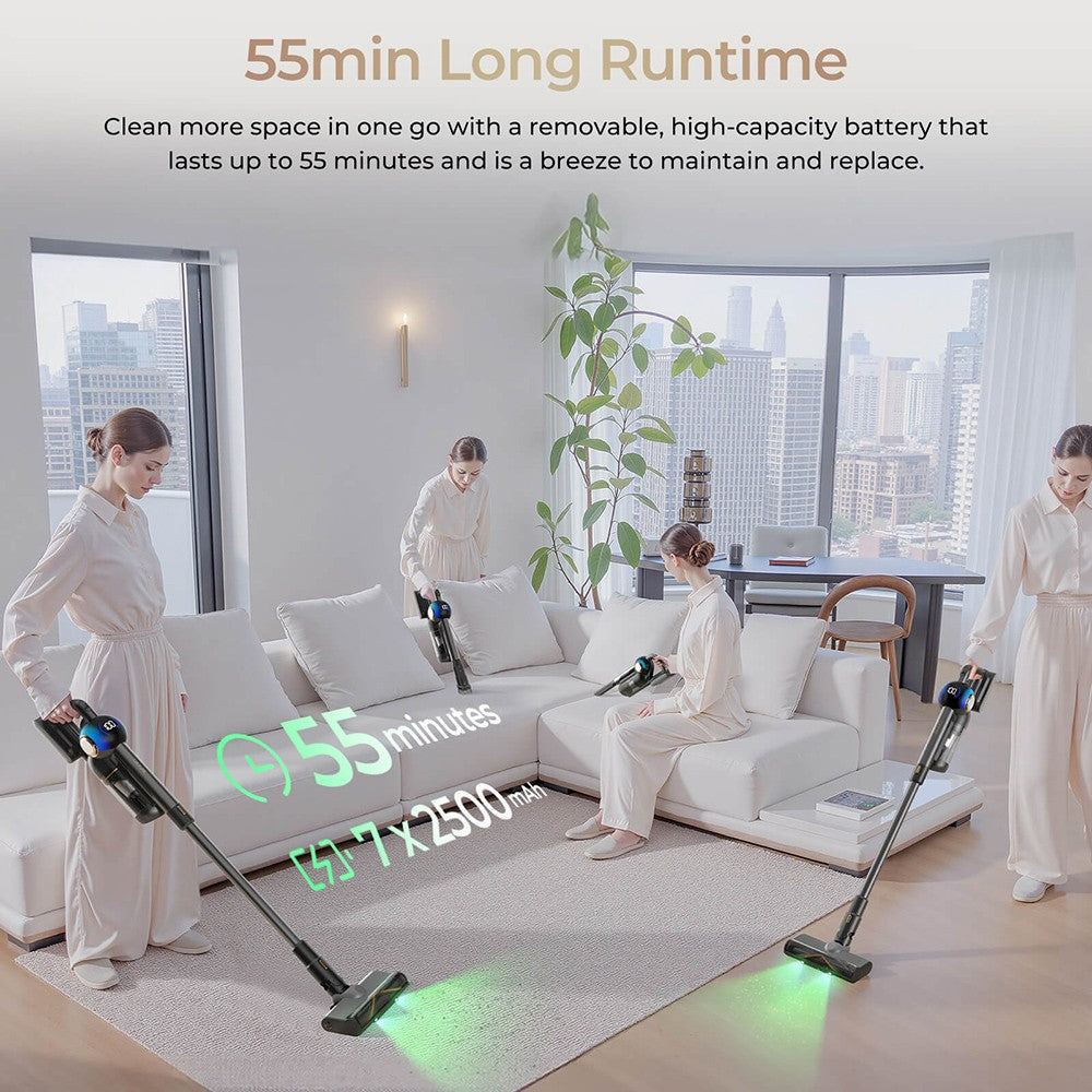Aspiradora sin cable JIGOO V700 con estación de succión de 2,5 L, vaciado automático del polvo, potencia de succión de 33 KPa, cepillo antienredos, doble iluminación LED, hasta 55 minutos de autonomía, ideal para suelos duros, alfombras y mascotas.
