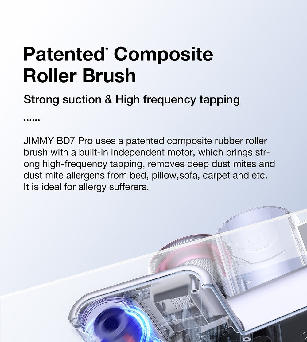 Aspiradora inalámbrica JIMMY BD7 Pro de doble copa antiácaros, entrada de succión de 245 mm, depósito de polvo de 0,5 L, sensor de polvo inteligente, función de esterilización UV, ultrasonido, pantalla LED, 30 minutos de autonomía.