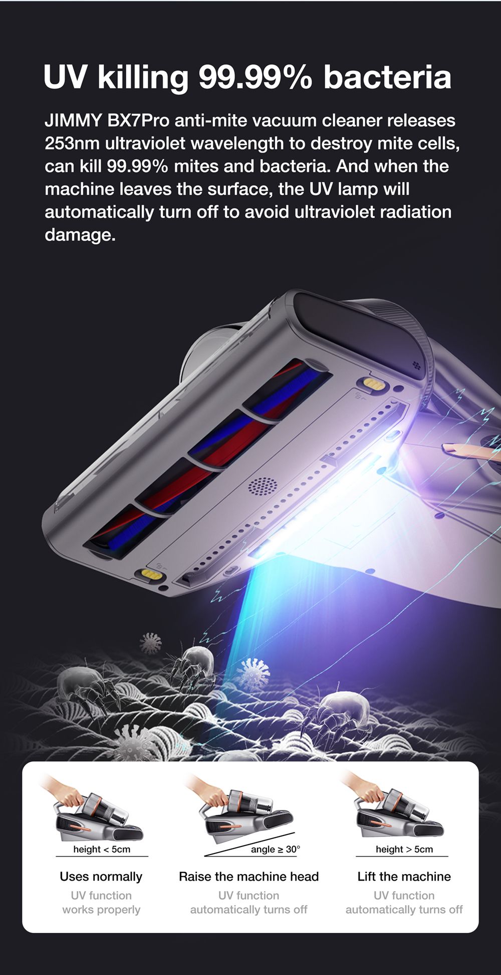 Aspiradora Antiacaros JIMMY BX7 Pro, Motor Potente de 700W, Esterilización UV-C que elimina el 99,99% de las bacterias, Temperatura Constante Alta de 60 grados Celsius, Reconocimiento Inteligente de Polvo, 3 Modos, Pantalla LED para Cama, Pelo de Mascotas, Sofá, Ropa - Gris