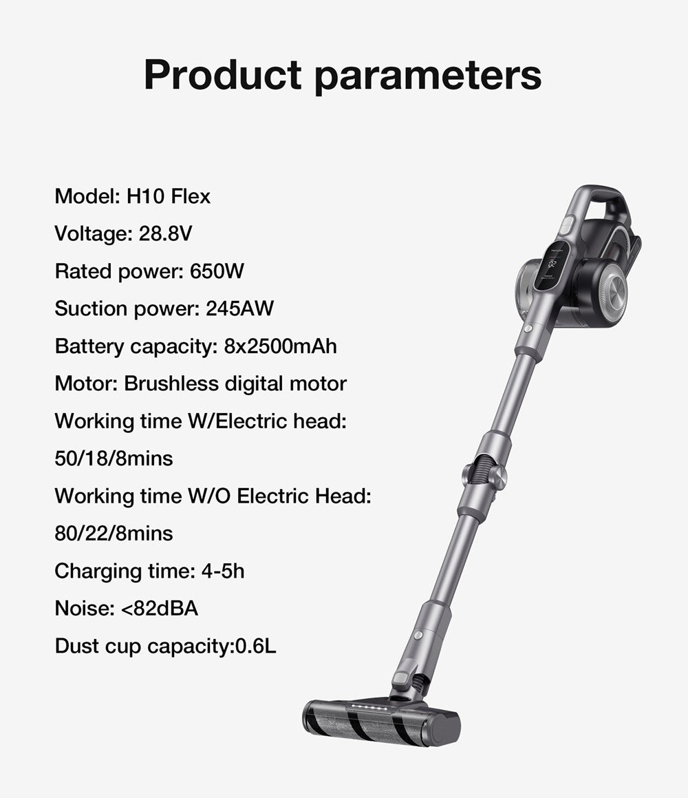Aspiradora de mano inalámbrica JIMMY H10 Flex, 245 AW de potencia de succión, 4 modos de limpieza, depósito de polvo de 0,6 L, batería de 2500 mAh.