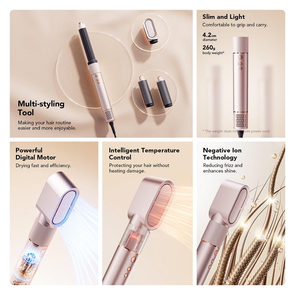 JIMMY HF9 3 en 1 Moldeador de Cabello Multifuncional con Secado Rápido, Rizador y Voluminizador, Tres Modos Ajustables, Bajo Nivel de Ruido ≤68dB, con Cable de 1.8m - Champán