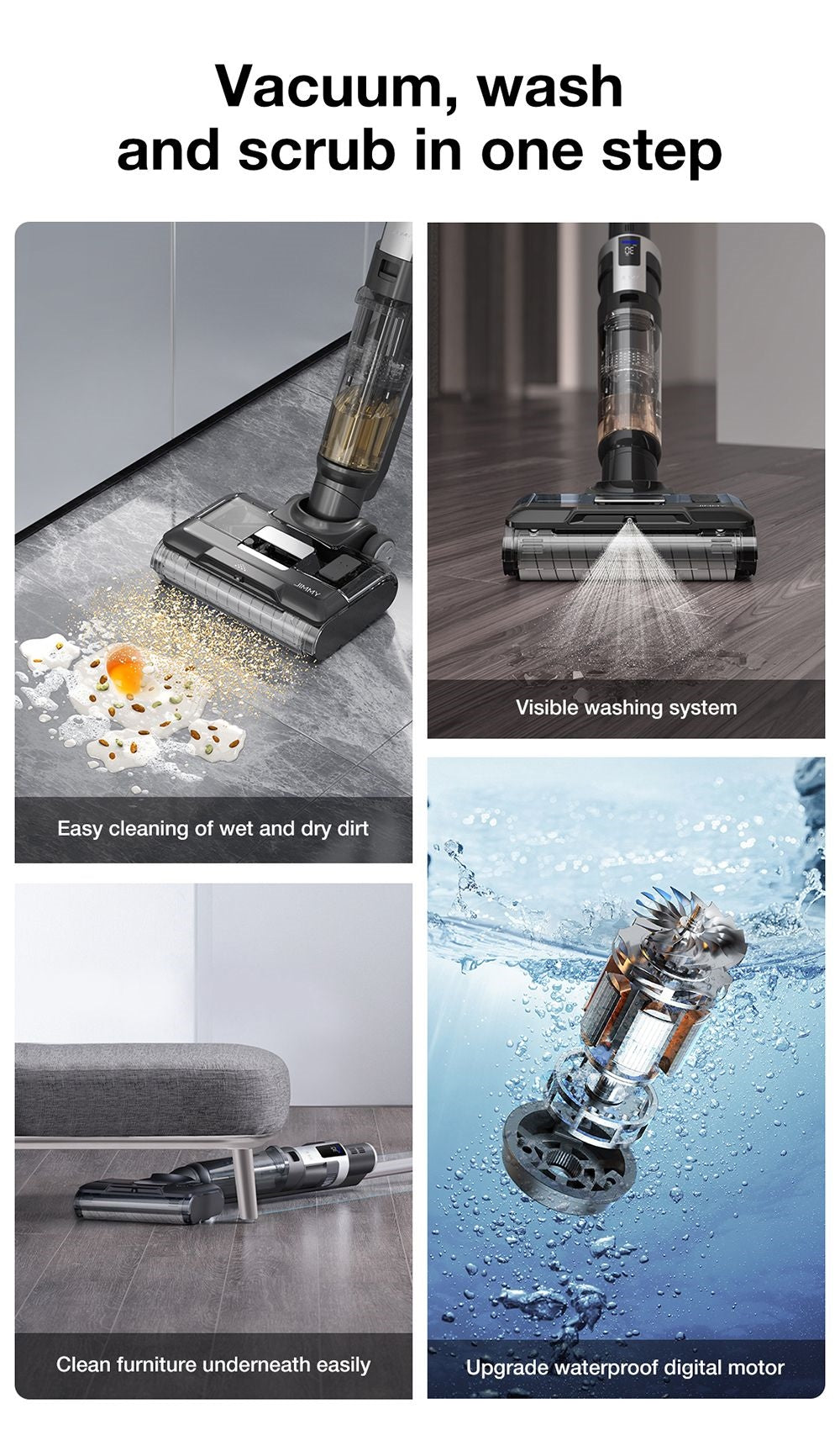 Aspiradora sin cable JIMMY HW9 para limpieza en seco y húmedo, autolimpiante, depósito de agua y polvo de 400 ml, motor sin escobillas impermeable, control de pulverización de agua, pantalla LED.