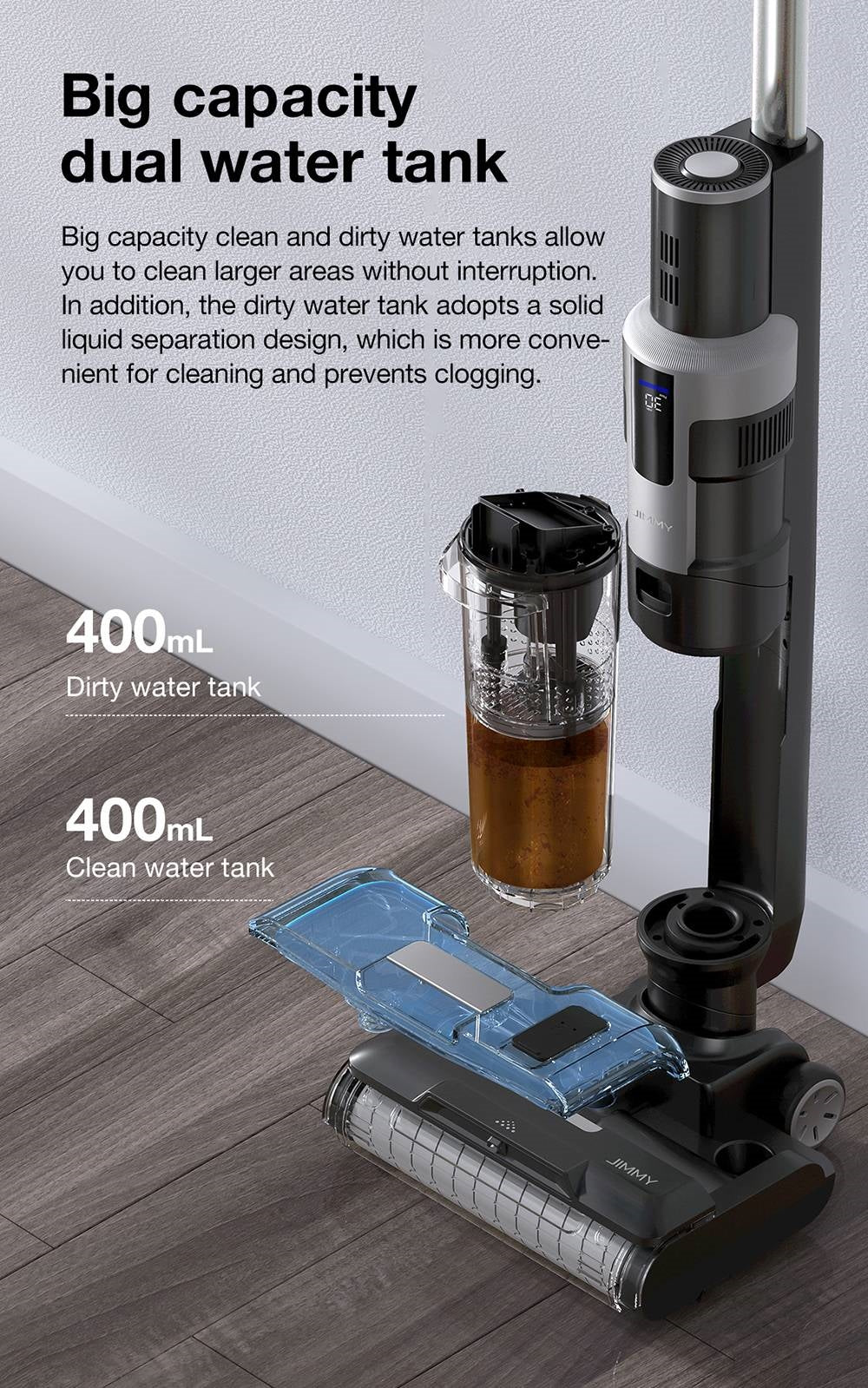 Aspiradora sin cable JIMMY HW9 para limpieza en seco y húmedo, autolimpiante, depósito de agua y polvo de 400 ml, motor sin escobillas impermeable, control de pulverización de agua, pantalla LED.