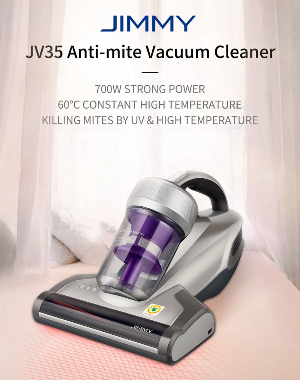 Aspiradora Antiacaros JIMMY JV35 con UV Acaricida, 700W de Potencia, 14Kpa de Fuerte Succión, Versión Internacional - Gris