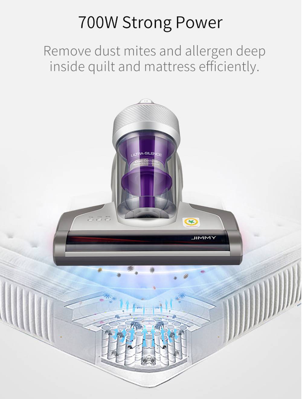 Aspiradora Antiacaros JIMMY JV35 con UV Acaricida, 700W de Potencia, 14Kpa de Fuerte Succión, Versión Internacional - Gris