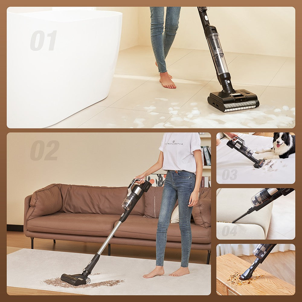 Aspiradora y fregona inalámbrica JIMMY PW11 Pro 4 en 1, 460 W de potencia, doble limpieza, secado rápido con aire caliente, pantalla LED, diseño plano de 180°, doble cepillo de rodillo, para suelos duros, pelo de mascotas, color plata-negro.