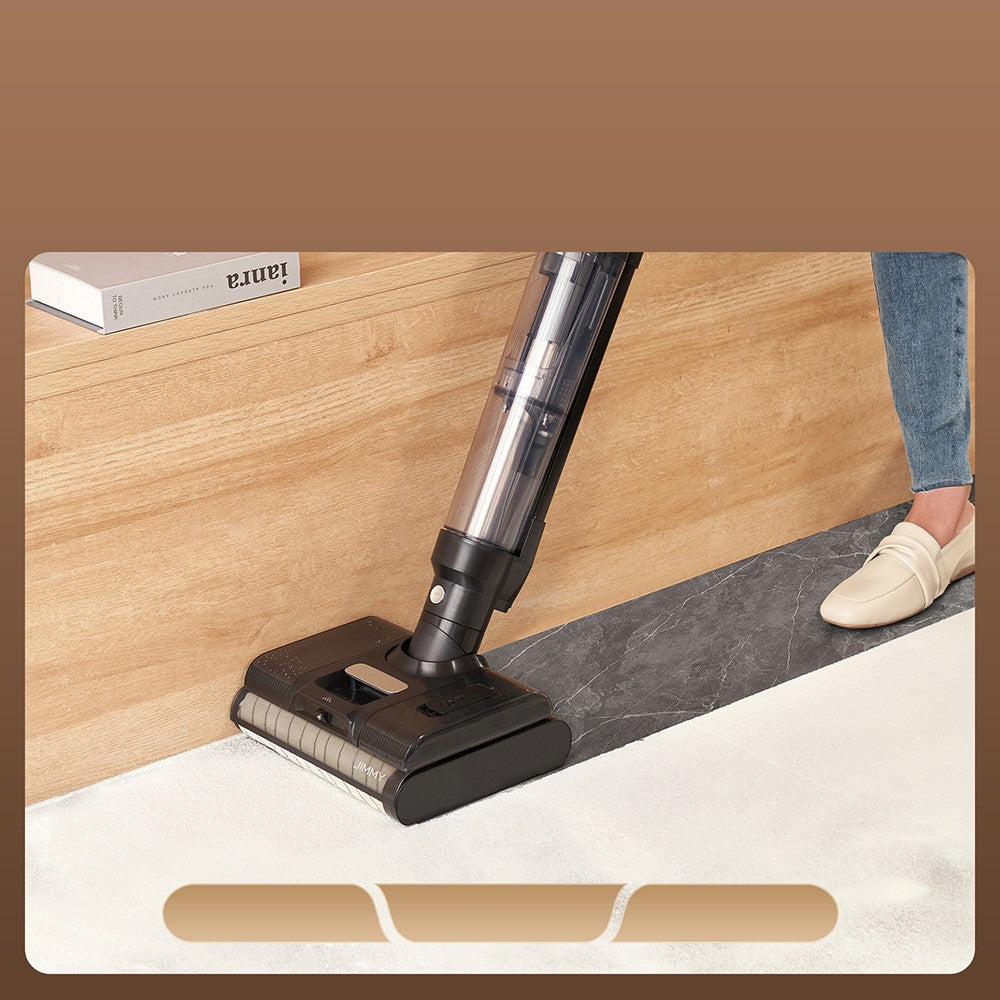 Aspiradora y fregona inalámbrica JIMMY PW11 Pro 4 en 1, 460 W de potencia, doble limpieza, secado rápido con aire caliente, pantalla LED, diseño plano de 180°, doble cepillo de rodillo, para suelos duros, pelo de mascotas, color plata-negro.