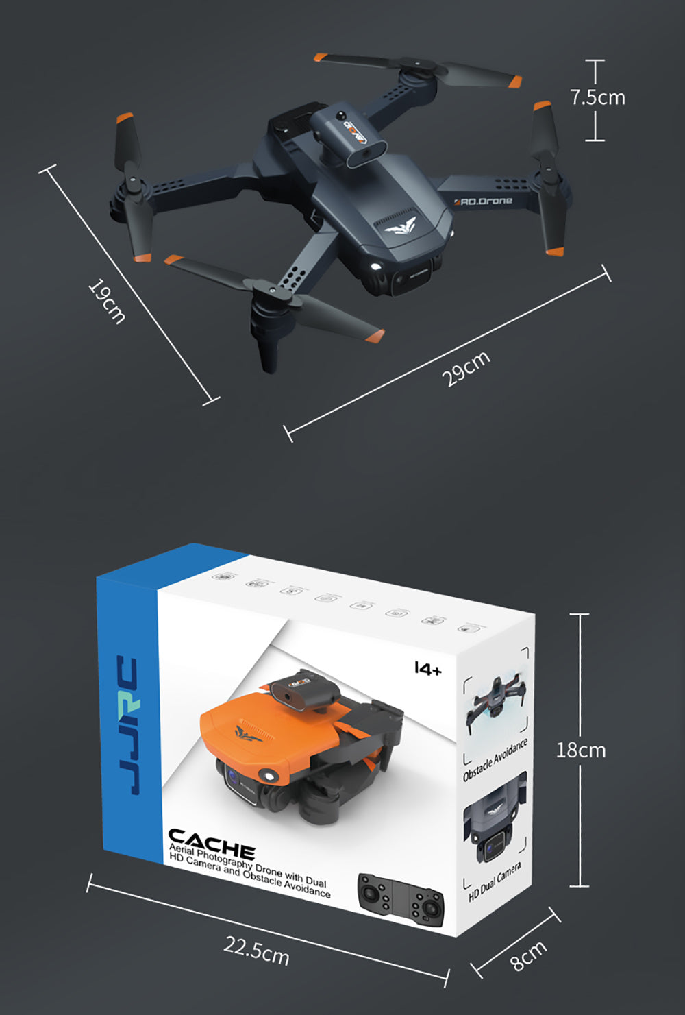 JJRC H106 Foldable RC Drone with All-Round Obstacle Avoidance Function Quadcopter with Two Cameras - Orange