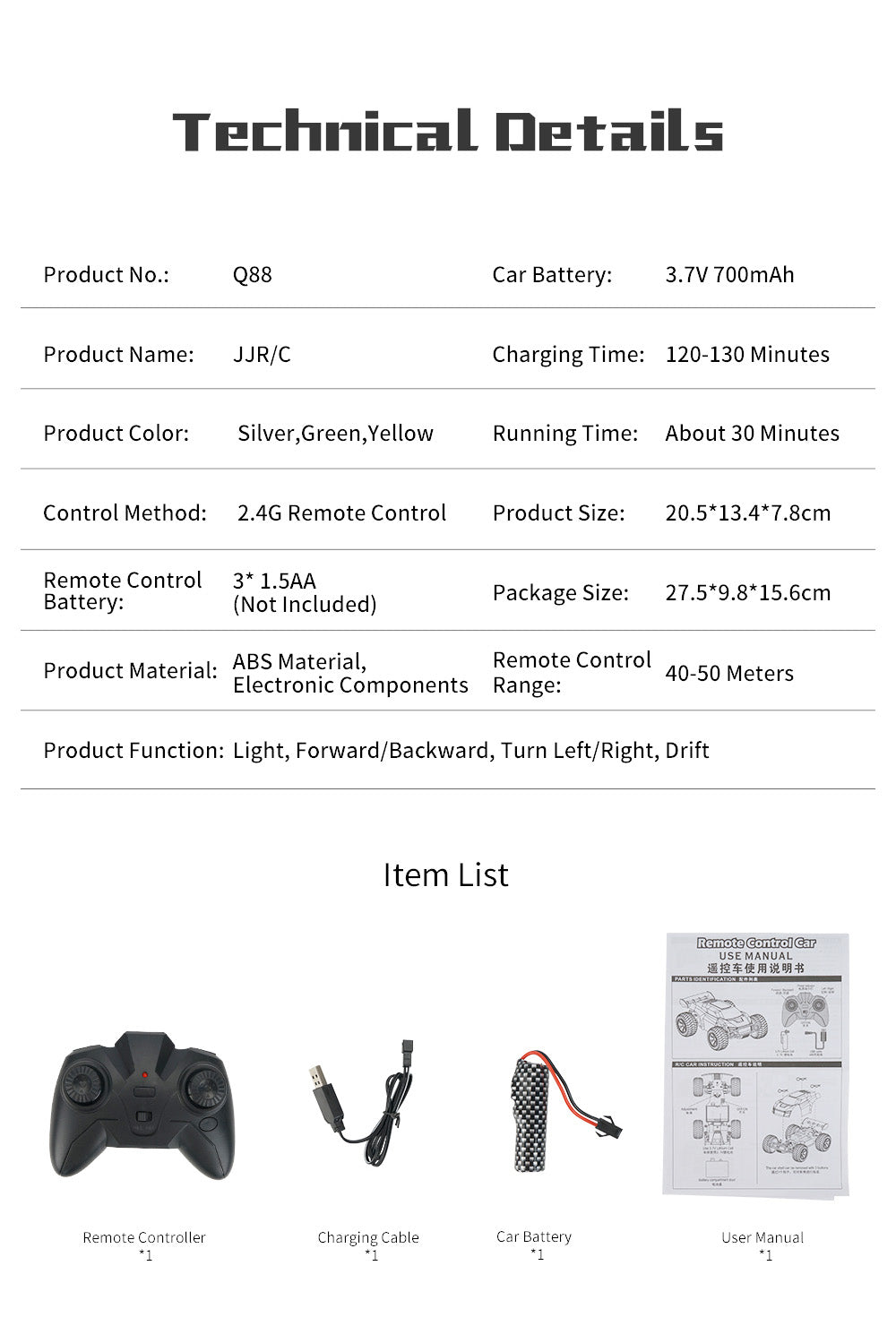 JJRC Q88 2.4G Remote Car 40-50 Distances Control High Speed ​​Off-Road Vehicles Stunt Car Toy Gift for Kids - Silver