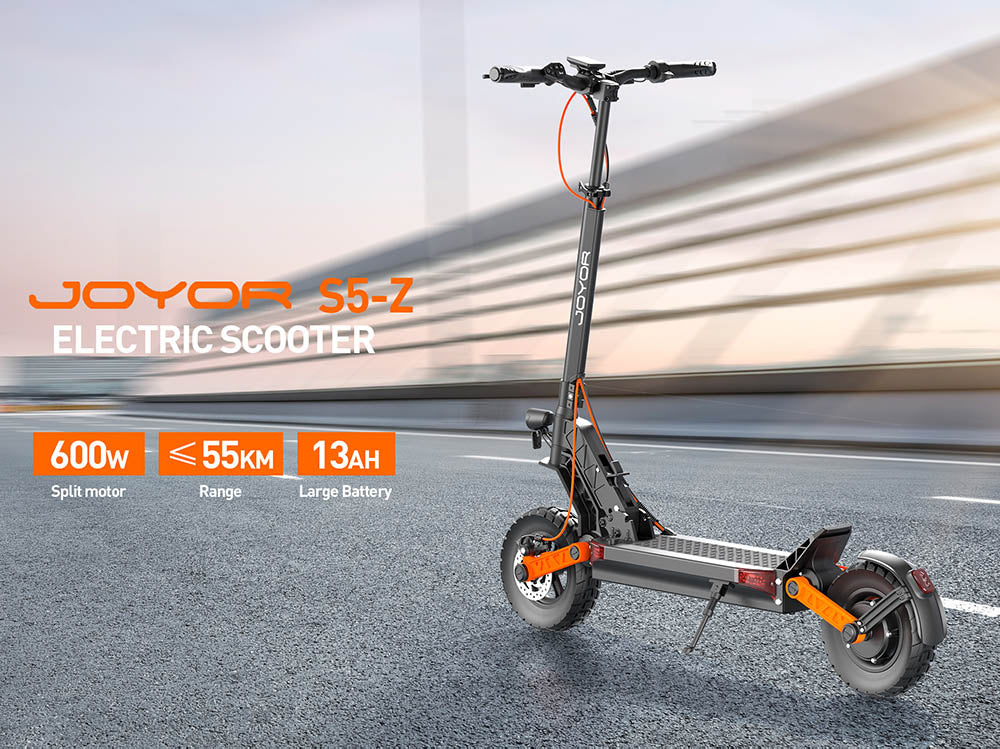 JOYOR S5-Z Elektroroller, 48V 13Ah Akku, 600W Motor, 10 x 3,0 Zoll Reifen, 25 km/h Höchstgeschwindigkeit, 55 km Reichweite, Rahmen aus Aluminiumlegierung, 6-Licht-System, Blinker, Doppelscheibenbremse – Schwarz