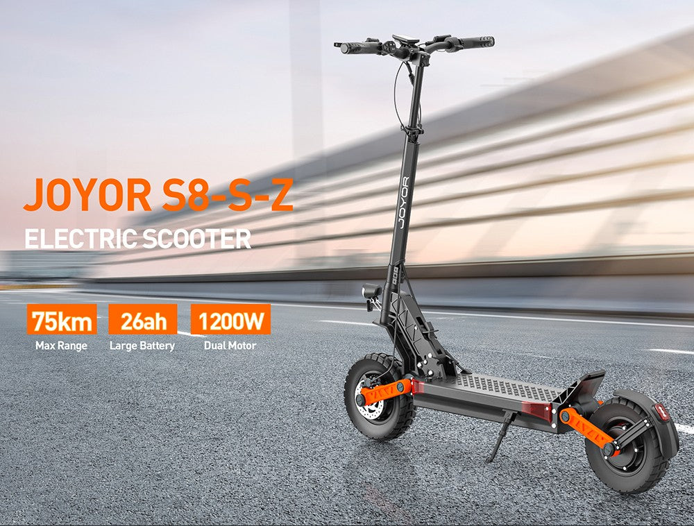 Joyor S8-S-Z Elektroroller mit Blinkern, 2 x 600-W-Motor, 48-V-26-Ah-Akku, 10-Zoll-Reifen, 55 km/h Höchstgeschwindigkeit, 75 km Reichweite, hydraulische Doppelbremsen, Stoßdämpfer vorne und hinten, 6-flammiges Beleuchtungssystem
