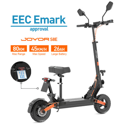 JOYOR S8E Electric Scooter EEC EMark Certified Max 80km Range 800W Motor 48V 26Ah Long-Lasting Battery 10 Inch widen tire 45km/h Max Speed Front &amp; Rear Disc Brake Front &amp; Rear Shock Absorber NFC Integrated display Removable seat