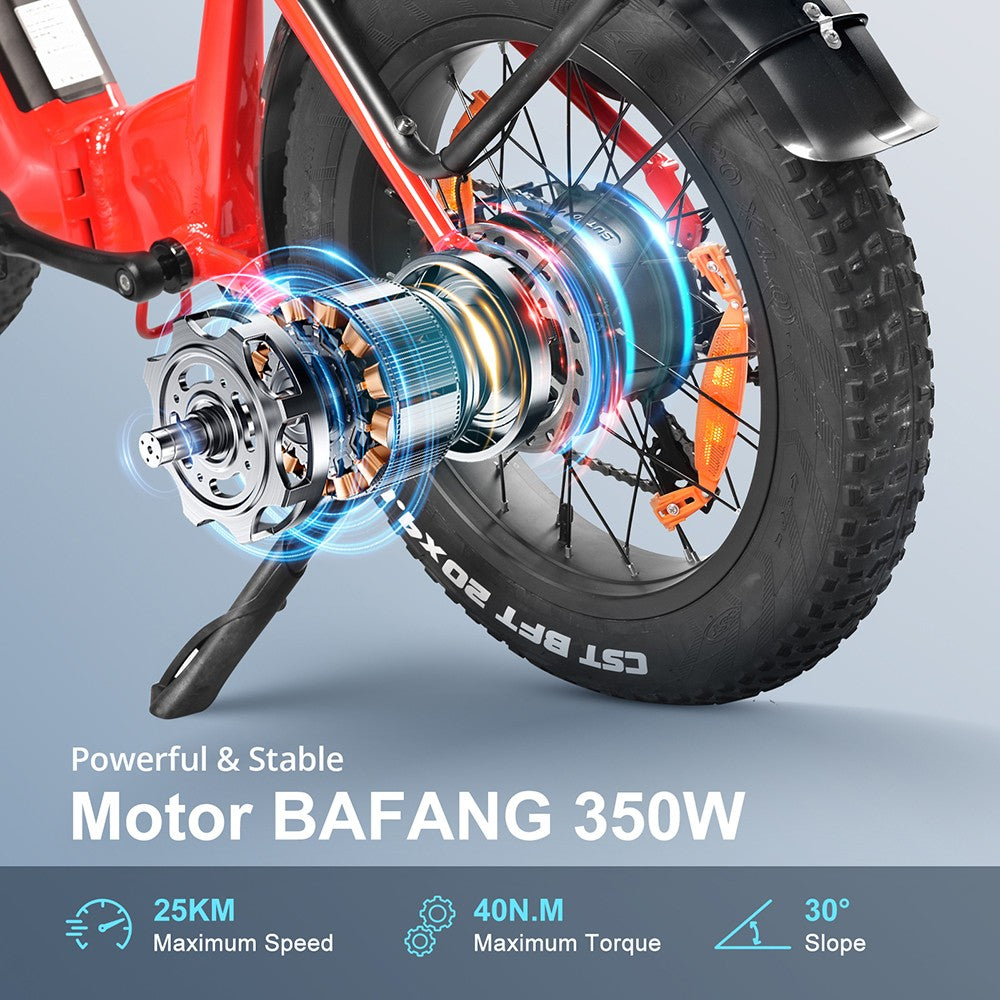 KAISDA K20F Electric Bike, 25OW Motor, 36V 25Ah Battery, 20*4.0-inch Tires, 25km/h Max Speed, 80-120km Range, SHIMAN0 7-Speed - Red