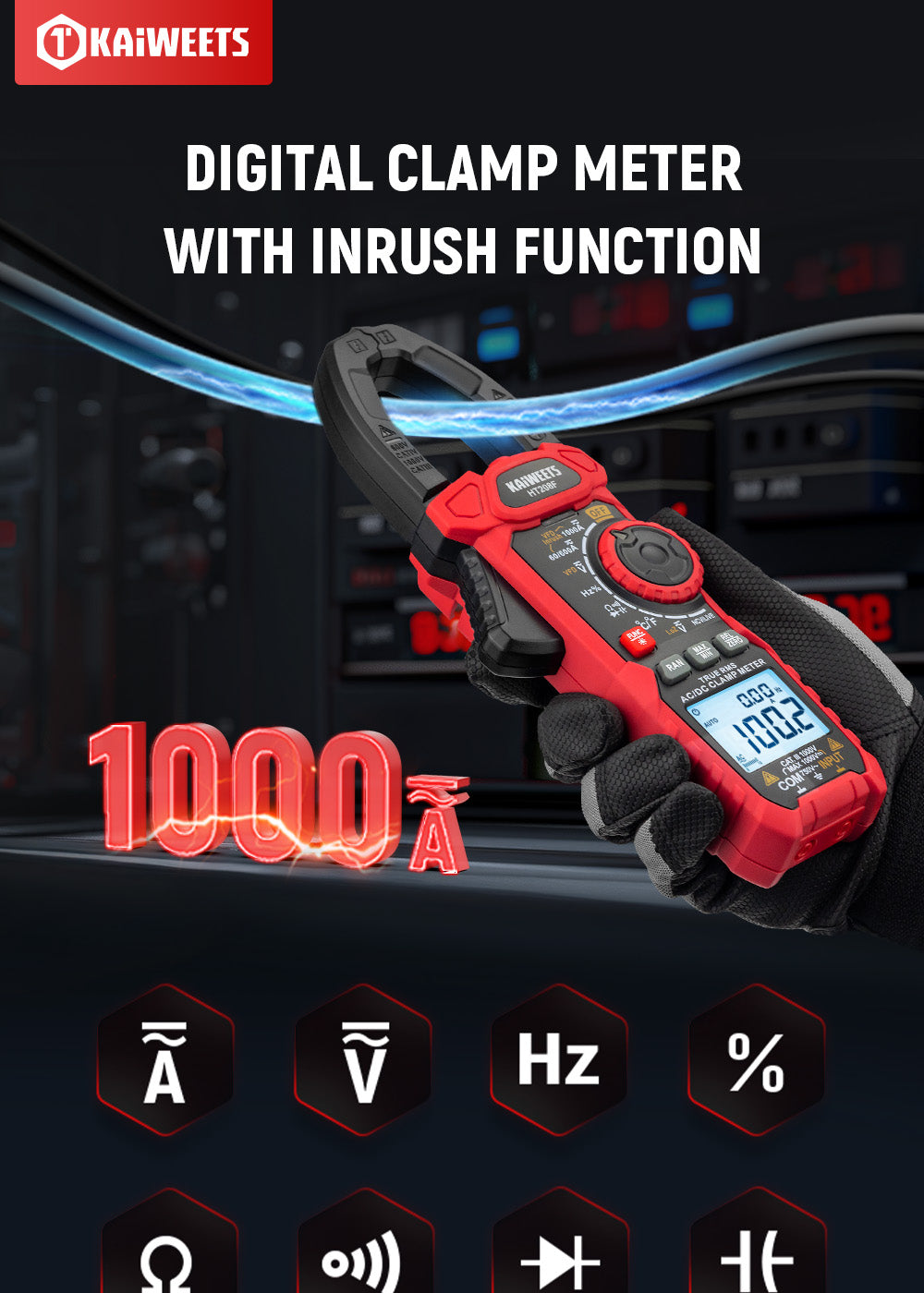 KAIWEETS HT208F Inrush Digital Clamp Meter, 1000A with Backlit, TRMS 6000 Counts, 15min Auto-shutdown, 38mm Large Jaw Design
