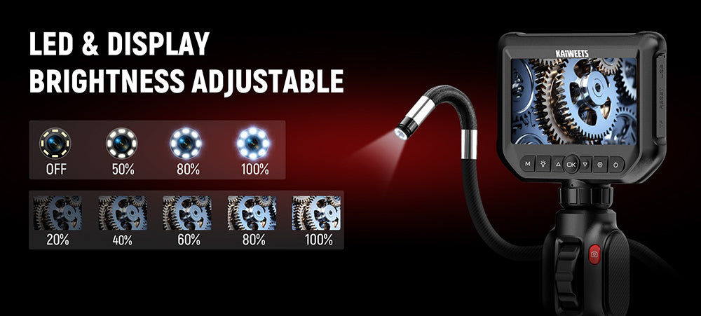 KAIWEETS KBA01 Two-Way Articulating Borescope, 210° Rotatable Camera, 8 LED Lights, 4.3inch Display, 1920*1080P, IP67 Waterproof