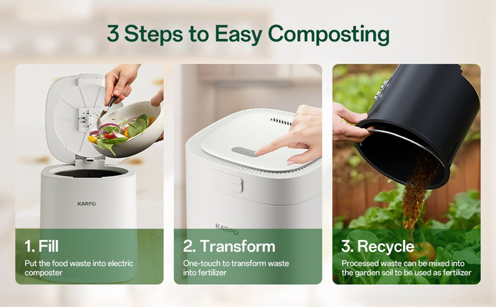 karfo UF006-EC Compostador de Cocina, Capacidad de 2.5L, Funcionamiento Automático con un Solo Botón, Convierte los Residuos de Alimentos en Fertilizante para Plantas, Blanco