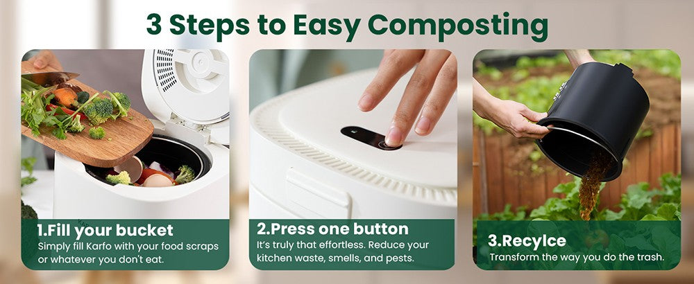 karfo UF006-EC Compostador de Cocina, Capacidad de 2.5L, Funcionamiento Automático con un Solo Botón, Convierte los Residuos de Alimentos en Fertilizante para Plantas, Blanco