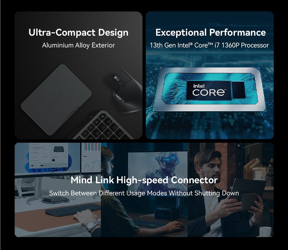 KHADAS Mind Premium Mini PC Portable Workstation, Intel Core i7-1360P 12 Cores Up to 5.0GHz, 32GB RAM 1TB SSD, WiFi 6E Bluetooth 5.2, Built-in 5.55Wh Battery, 2*USB Type-C 1*HDMI 2.0 2*USB 3.2, Mind App - EU Plug