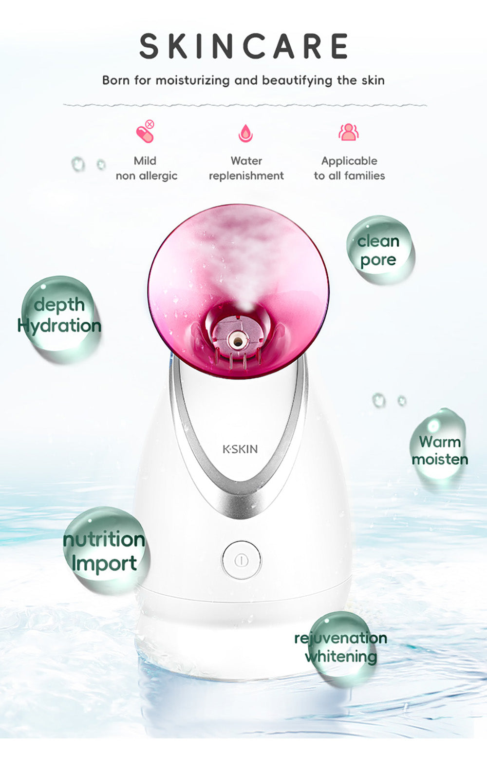 Vaporizador facial iónico de vapor caliente KSKIN KD2331A, humidificador de aromaterapia para el hogar, pulverización cálida y caliente, penetración por pulverización iónica - Enchufe UE