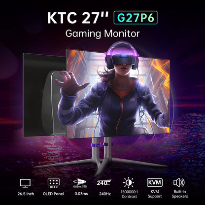 KTC G27P6 27-inch LG OLED Gaming Monitor, 2560x1440 16:9 240Hz Refresh Rate, 1500000:1 Constrast Ratio, 136% sRGB HDR10 0.03ms GTG Response Time, Low Blue FreeSync&amp;G-Sync, 3xUSB3.0 2xHDMI2.0 DP1.4 Type-C, Built-in Speakers KVM 65W Reverse Charge VESA