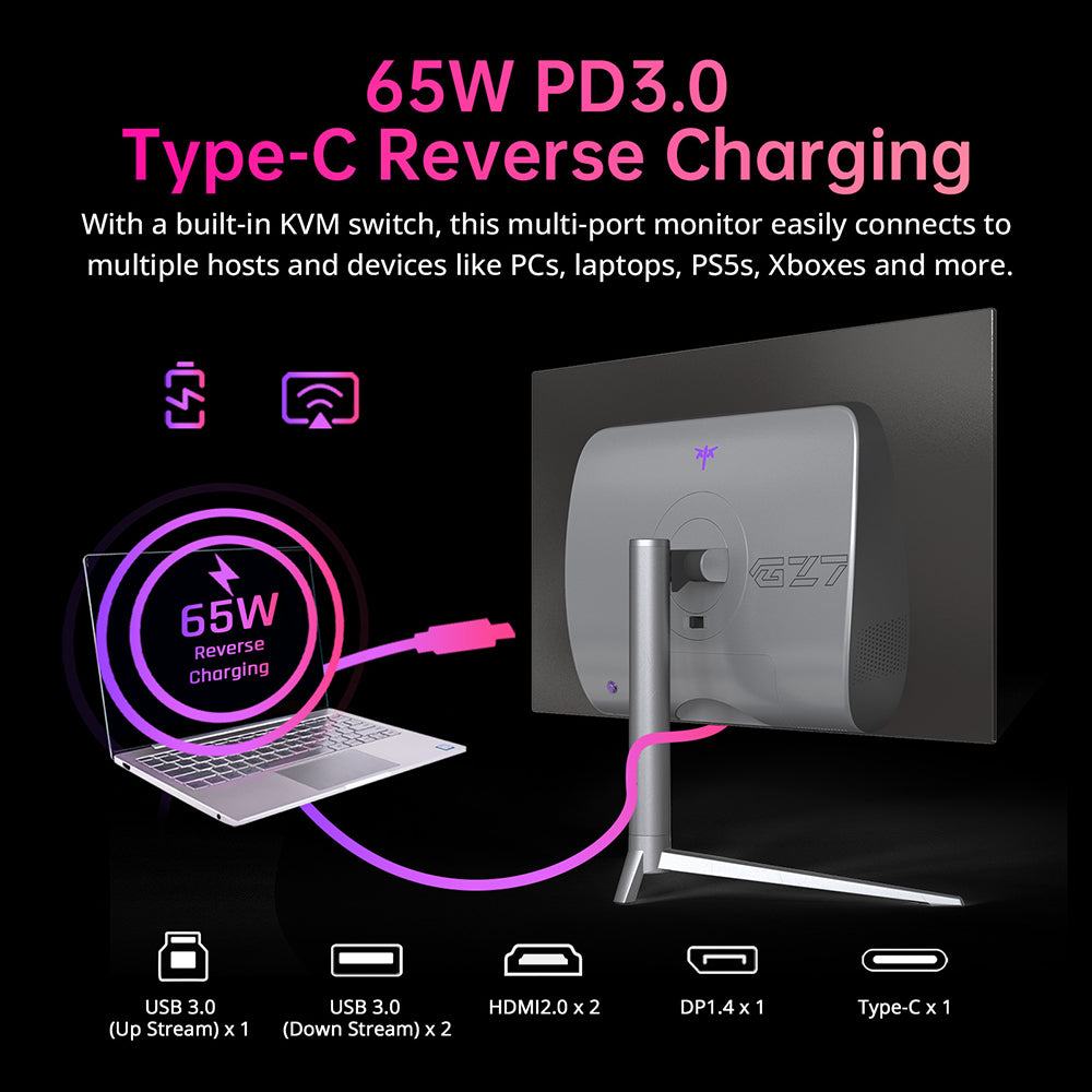 KTC G27P6 27-inch LG OLED Gaming Monitor, 2560x1440 16:9 240Hz Refresh Rate, 1500000:1 Constrast Ratio, 136% sRGB HDR10 0.03ms GTG Response Time, Low Blue FreeSync&G-Sync, 3xUSB3.0 2xHDMI2.0 DP1.4 Type-C, Built-in Speakers KVM 65W Reverse Charge VESA