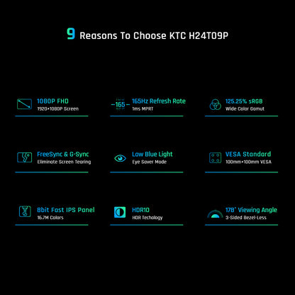 KTC H24T09P Gaming Monitor, 24 Inch 1920x1080 16:9 FHD 165Hz ELED Fast IPS Panel Screen, HDR10 1ms MPRT Response Time Low-blue Compatible with FreeSync G-Sync, 2xHDMI2.0 2xDP1.2 Audio VESA Displayer