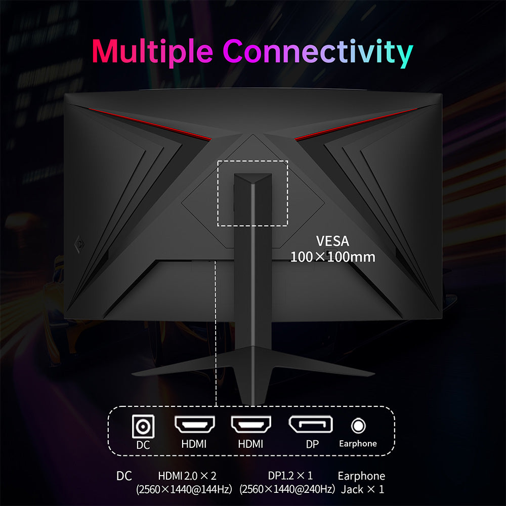 KTC H27S25E Gaming Monitor, 27 inch 2560*1440 QHD CSOT HVA Screen, 1000R Curvature, 240Hz Refresh Rate, 1ms MPRT Response Time, Adaptive Sync, 2500:1 Contrast Ratio, VESA Mount, Low Blue Light & Flicker-Free, 2*HDMI 2.0, 1*DP1.2, 1*Earphone