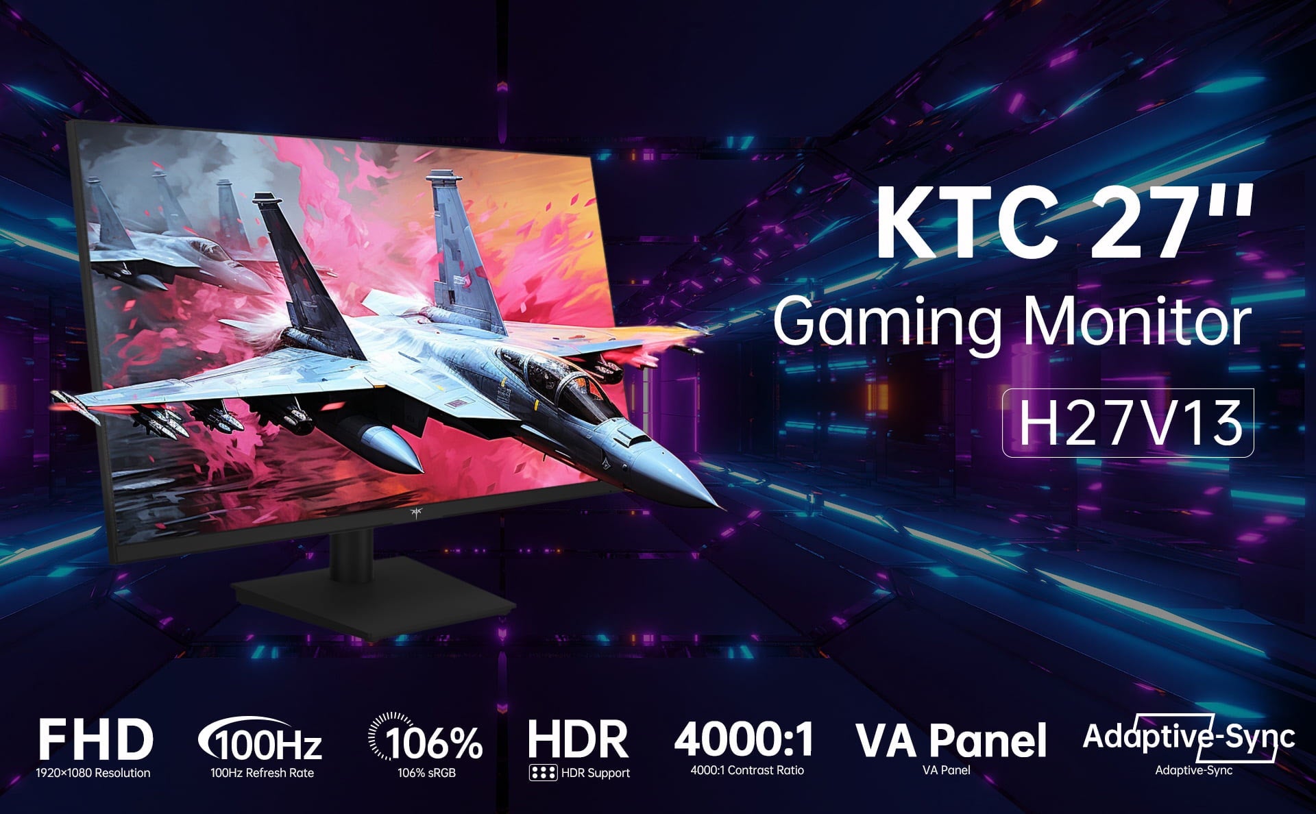 KTC H27V13 27-inch Gaming Monitor 100Hz 1920 x 1080 10 Bit 106% sRGB AdaptiveSync VESA Wall Mount Tilt Adjustment