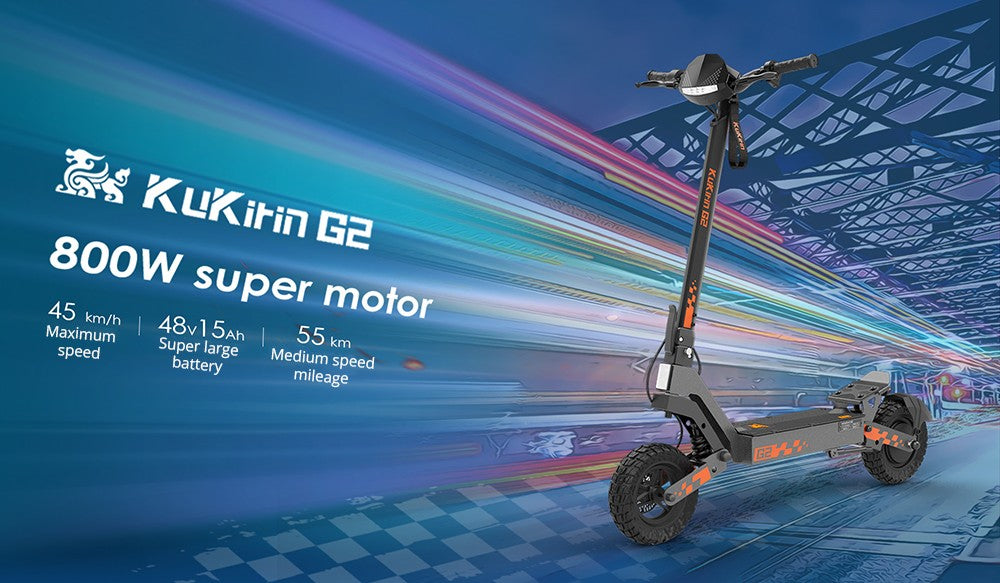 Patinete eléctrico plegable Kukirin G2, motor de 800 W, batería de 48 V y 15 Ah, neumáticos de 10 pulgadas, velocidad máxima de 45 km/h, autonomía de 55 km, pantalla táctil, frenos de disco delanteros y traseros.