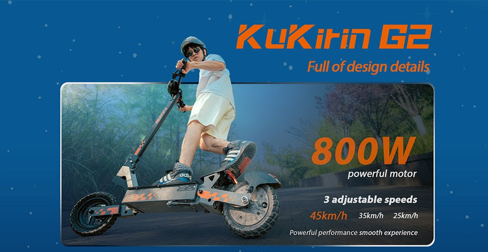 Patinete eléctrico plegable Kukirin G2, motor de 800 W, batería de 48 V y 15 Ah, neumáticos de 10 pulgadas, velocidad máxima de 45 km/h, autonomía de 55 km, pantalla táctil, frenos de disco delanteros y traseros.