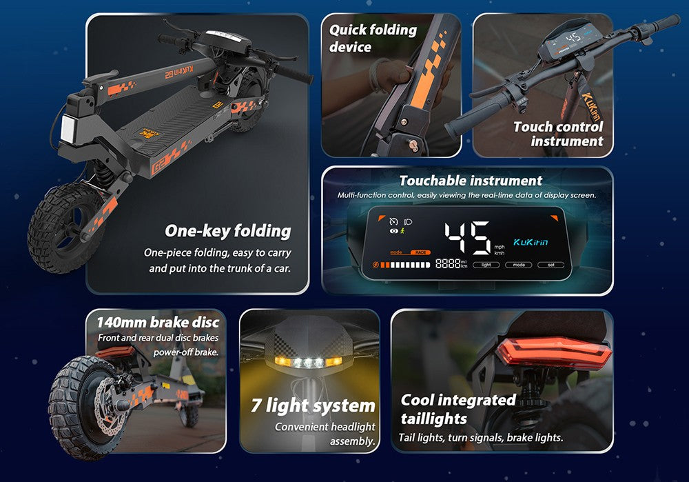Patinete eléctrico plegable Kukirin G2, motor de 800 W, batería de 48 V y 15 Ah, neumáticos de 10 pulgadas, velocidad máxima de 45 km/h, autonomía de 55 km, pantalla táctil, frenos de disco delanteros y traseros.