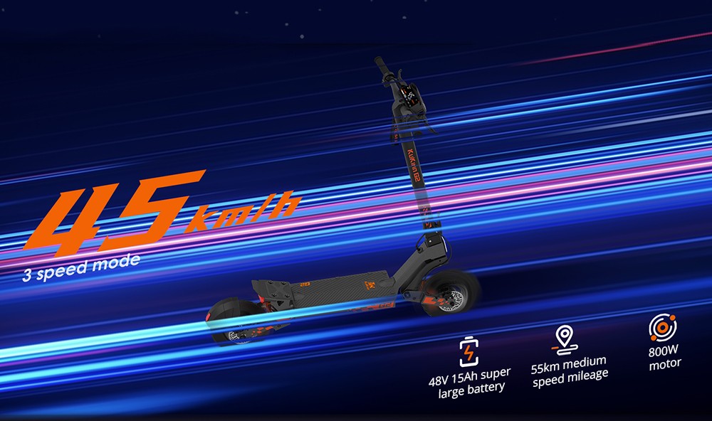 Patinete eléctrico plegable Kukirin G2, motor de 800 W, batería de 48 V y 15 Ah, neumáticos de 10 pulgadas, velocidad máxima de 45 km/h, autonomía de 55 km, pantalla táctil, frenos de disco delanteros y traseros.