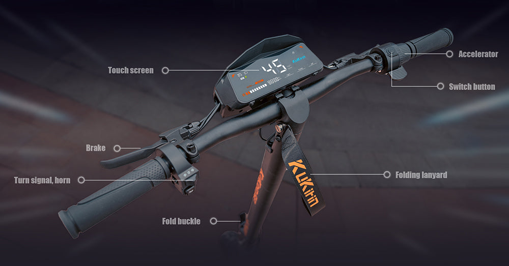 Patinete eléctrico plegable Kukirin G2, motor de 800 W, batería de 48 V y 15 Ah, neumáticos de 10 pulgadas, velocidad máxima de 45 km/h, autonomía de 55 km, pantalla táctil, frenos de disco delanteros y traseros.
