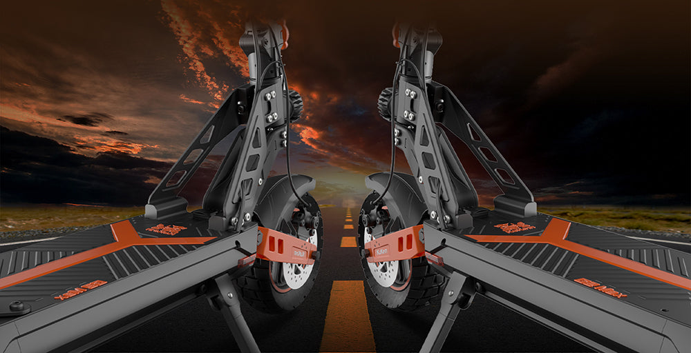 Patinete Eléctrico KuKirin G2 Max, neumáticos todoterreno de 10 pulgadas, motor de 1000 W, velocidad máxima de 55 km/h, batería de 48 V y 20 Ah, autonomía de 80 km, carga máxima de 120 kg, asiento desmontable y altura regulable.