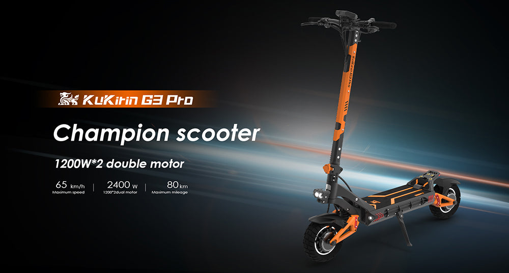 Patinete eléctrico todoterreno KuKirin G3 Pro 2024, versión con motor de 1200 W*2, neumáticos de 10 pulgadas, batería extraíble de 52 V y 23,2 Ah, autonomía de 80 km, velocidad máxima de 65 km/h, sistema de doble amortiguación hidráulica, resistencia al agua IP54 y doble freno hidráulico.