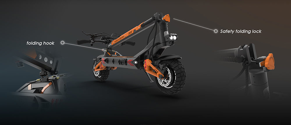 Patinete eléctrico todoterreno KuKirin G3 Pro 2024, versión con motor de 1200 W*2, neumáticos de 10 pulgadas, batería extraíble de 52 V y 23,2 Ah, autonomía de 80 km, velocidad máxima de 65 km/h, sistema de doble amortiguación hidráulica, resistencia al agua IP54 y doble freno hidráulico.