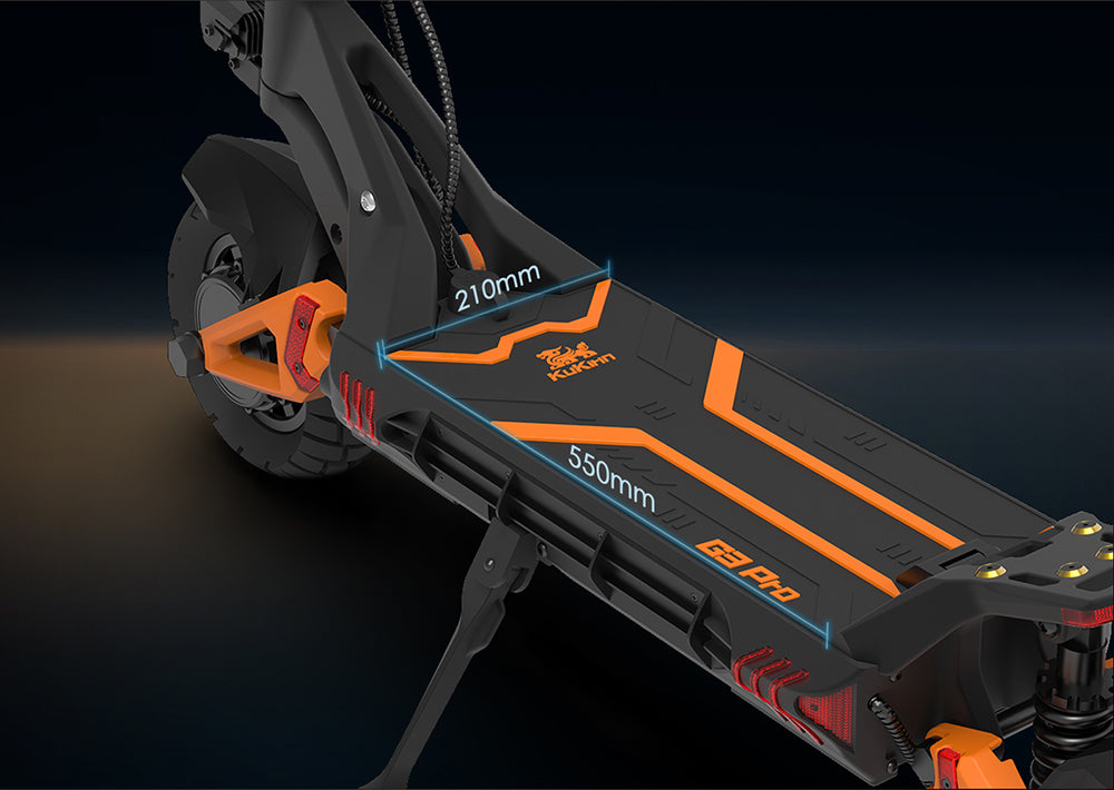 Patinete eléctrico todoterreno KuKirin G3 Pro 2024, versión con motor de 1200 W*2, neumáticos de 10 pulgadas, batería extraíble de 52 V y 23,2 Ah, autonomía de 80 km, velocidad máxima de 65 km/h, sistema de doble amortiguación hidráulica, resistencia al agua IP54 y doble freno hidráulico.