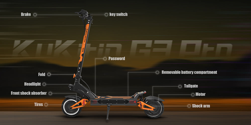 Patinete eléctrico todoterreno KuKirin G3 Pro 2024, versión con motor de 1200 W*2, neumáticos de 10 pulgadas, batería extraíble de 52 V y 23,2 Ah, autonomía de 80 km, velocidad máxima de 65 km/h, sistema de doble amortiguación hidráulica, resistencia al agua IP54 y doble freno hidráulico.