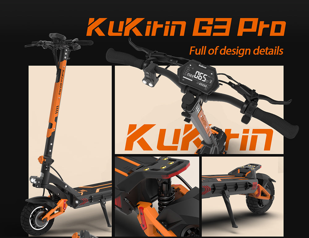 Patinete eléctrico todoterreno KuKirin G3 Pro 2024, versión con motor de 1200 W*2, neumáticos de 10 pulgadas, batería extraíble de 52 V y 23,2 Ah, autonomía de 80 km, velocidad máxima de 65 km/h, sistema de doble amortiguación hidráulica, resistencia al agua IP54 y doble freno hidráulico.