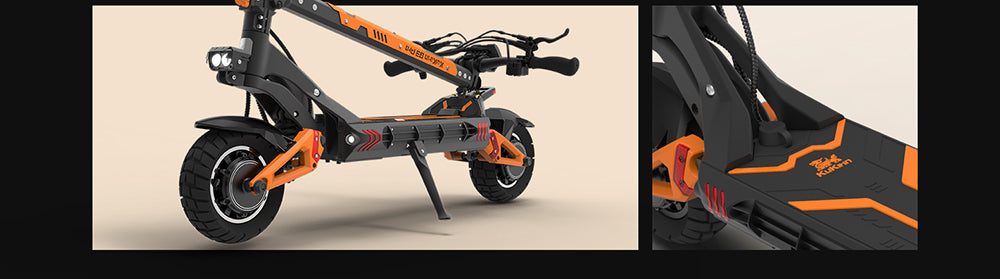 Patinete eléctrico todoterreno KuKirin G3 Pro 2024, versión con motor de 1200 W*2, neumáticos de 10 pulgadas, batería extraíble de 52 V y 23,2 Ah, autonomía de 80 km, velocidad máxima de 65 km/h, sistema de doble amortiguación hidráulica, resistencia al agua IP54 y doble freno hidráulico.