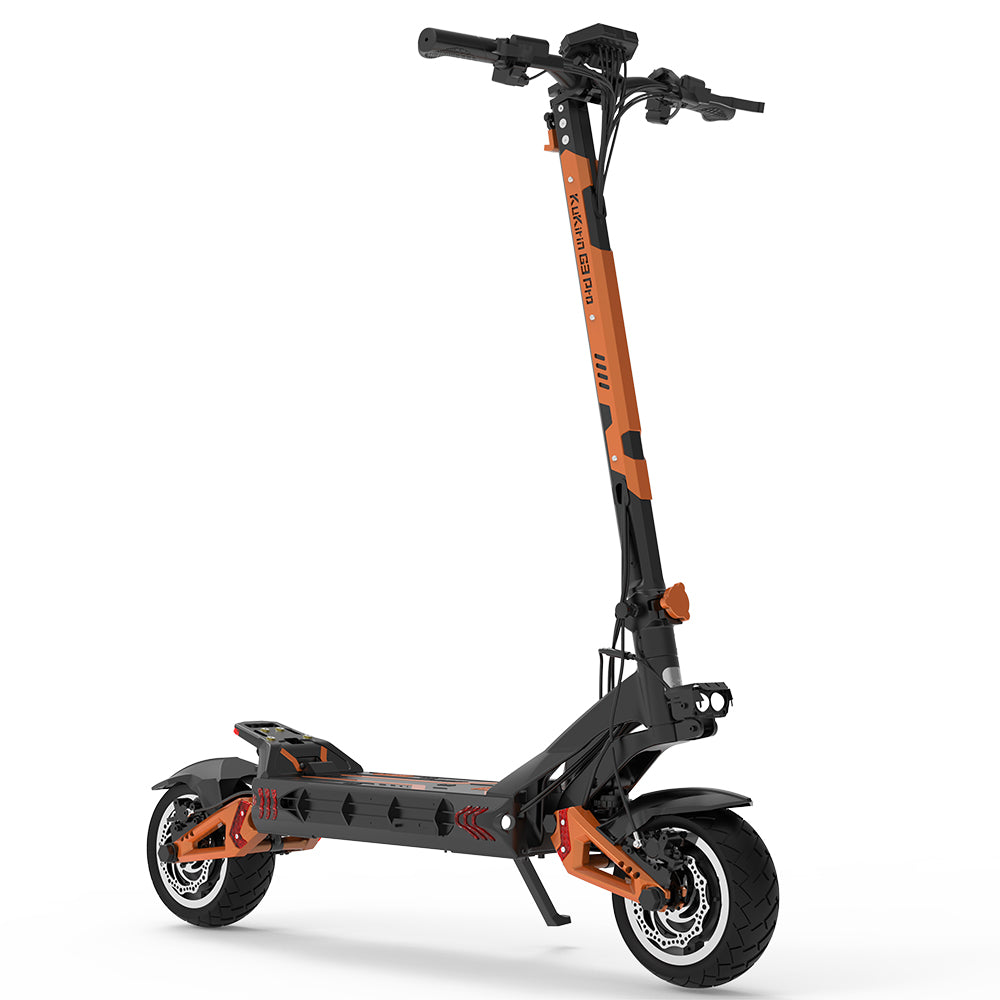 Patinete eléctrico todoterreno KuKirin G3 Pro 2024, versión con motor de 1200 W*2, neumáticos de 10 pulgadas, batería extraíble de 52 V y 23,2 Ah, autonomía de 80 km, velocidad máxima de 65 km/h, sistema de doble amortiguación hidráulica, resistencia al agua IP54 y doble freno hidráulico.