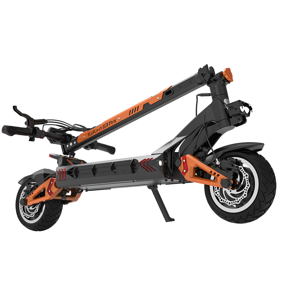 Patinete eléctrico todoterreno KuKirin G3 Pro 2024, versión con motor de 1200 W*2, neumáticos de 10 pulgadas, batería extraíble de 52 V y 23,2 Ah, autonomía de 80 km, velocidad máxima de 65 km/h, sistema de doble amortiguación hidráulica, resistencia al agua IP54 y doble freno hidráulico.