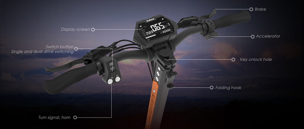 Patinete eléctrico todoterreno KuKirin G3 Pro 2024, versión con motor de 1200 W*2, neumáticos de 10 pulgadas, batería extraíble de 52 V y 23,2 Ah, autonomía de 80 km, velocidad máxima de 65 km/h, sistema de doble amortiguación hidráulica, resistencia al agua IP54 y doble freno hidráulico.