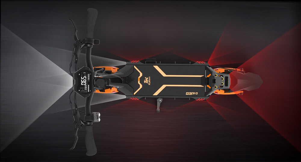 Patinete eléctrico todoterreno KuKirin G3 Pro 2024, versión con motor de 1200 W*2, neumáticos de 10 pulgadas, batería extraíble de 52 V y 23,2 Ah, autonomía de 80 km, velocidad máxima de 65 km/h, sistema de doble amortiguación hidráulica, resistencia al agua IP54 y doble freno hidráulico.
