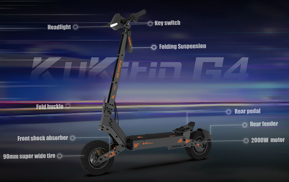 Patinete eléctrico todoterreno KuKirin G4 con motor de 2000 W, batería de 60 V y 20 Ah, autonomía máxima de 75 km, velocidad máxima de 70 km/h, neumáticos de vacío de 11 pulgadas, intermitentes - Negro
