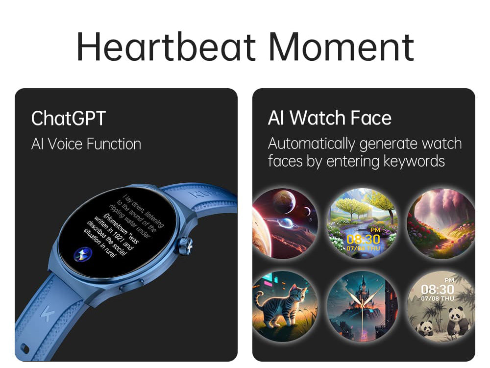 KUMI GW6 Smartwatch, 1.43-inch AMOLED HD Screen, Al Voice Function, Sleep Heart Rate Monitoring, Bluetooth Calling - Black